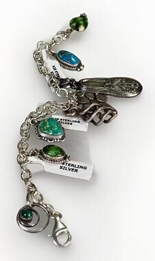 Southwest Silver 925 Charm Bracelet 8 Multi Turquoise Malachite Charms New- VTG